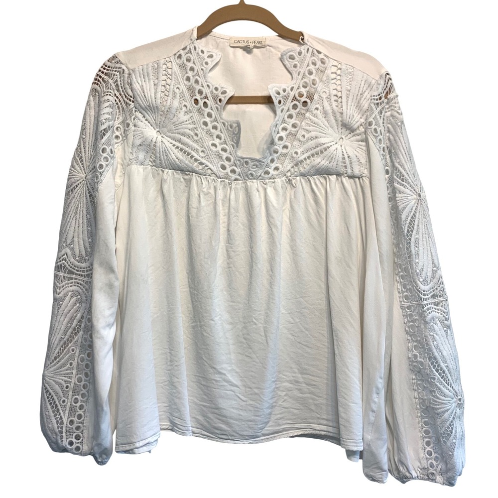 Cactus‎ + Pearl Peasant Blouse XL White Eyelet Lace Boho Top Festival Flowy